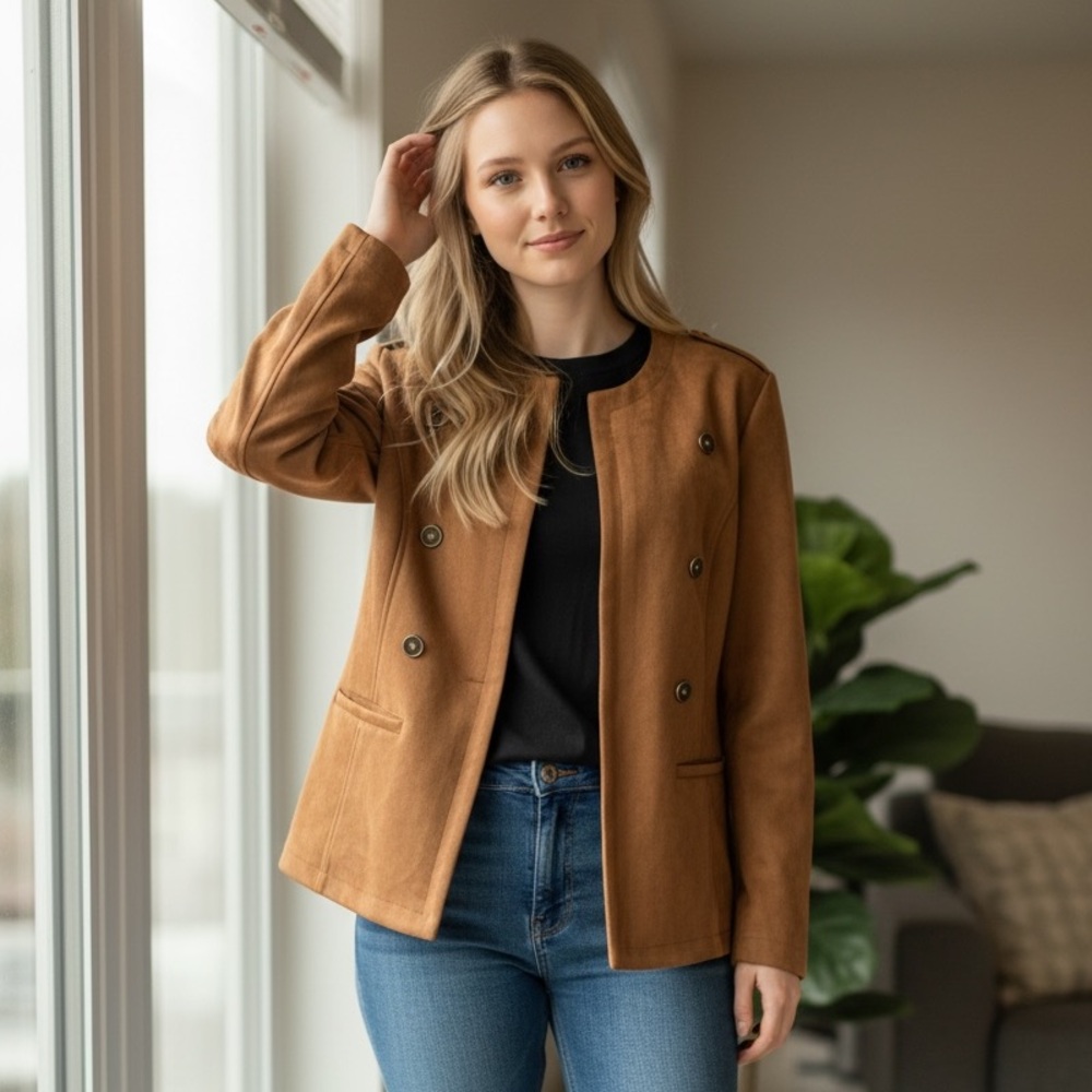 NWT Tahari Faux Suede Open-Front Collarless Jacket In Color Walnut Brown SZ-2X
